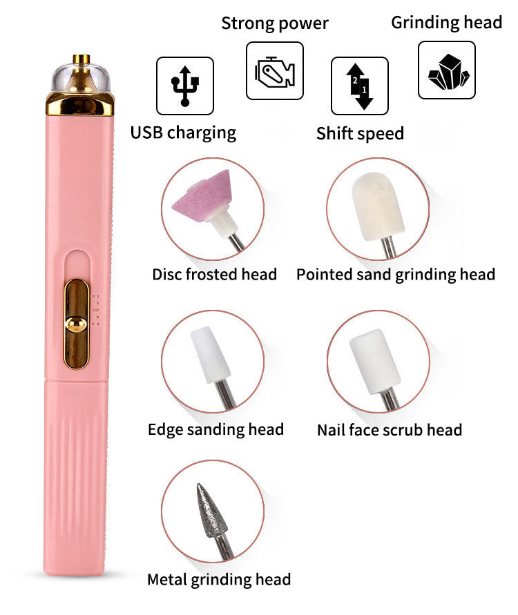 Pink Mini Electric Nail Polisher with USB Charging and 5 Grinding Heads