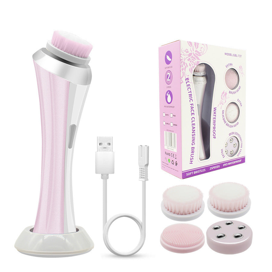 Pink Rechargeable Facial Cleansing Brush Kit with 4 Heads &amp; Charging Dock
