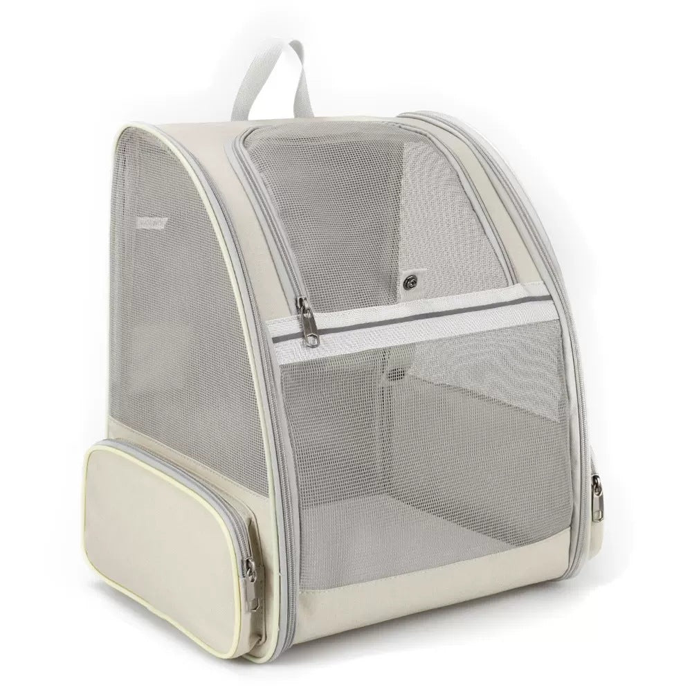 Beige Foldable Pet Carrier Backpack - Breathable Mesh Travel Bag for Cats &amp; Small Dogs
