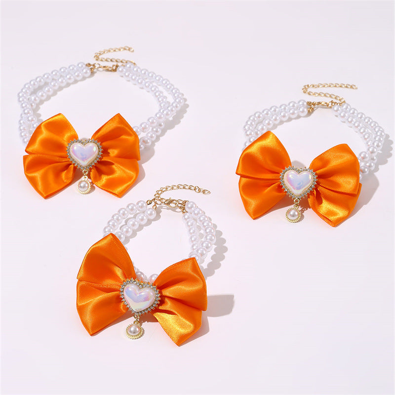 2 - PCS Cute Pet Pearl Necklace Collar with Orange Bow and Heart Charm - Size S
