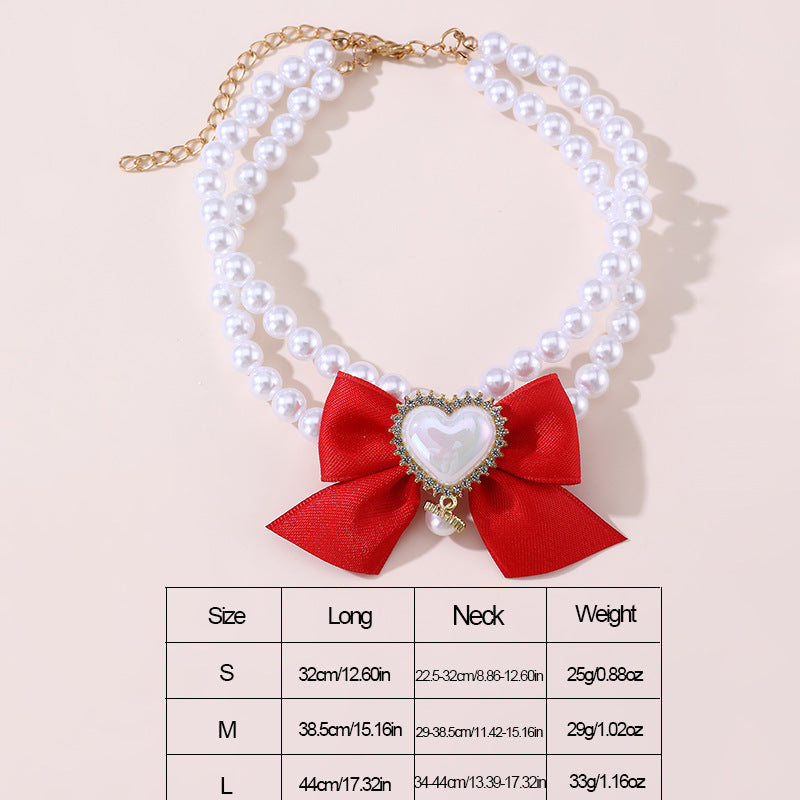 2 - PCS Cute Pet Pearl Necklace Collar with Red Bow and Heart Charm - Size M