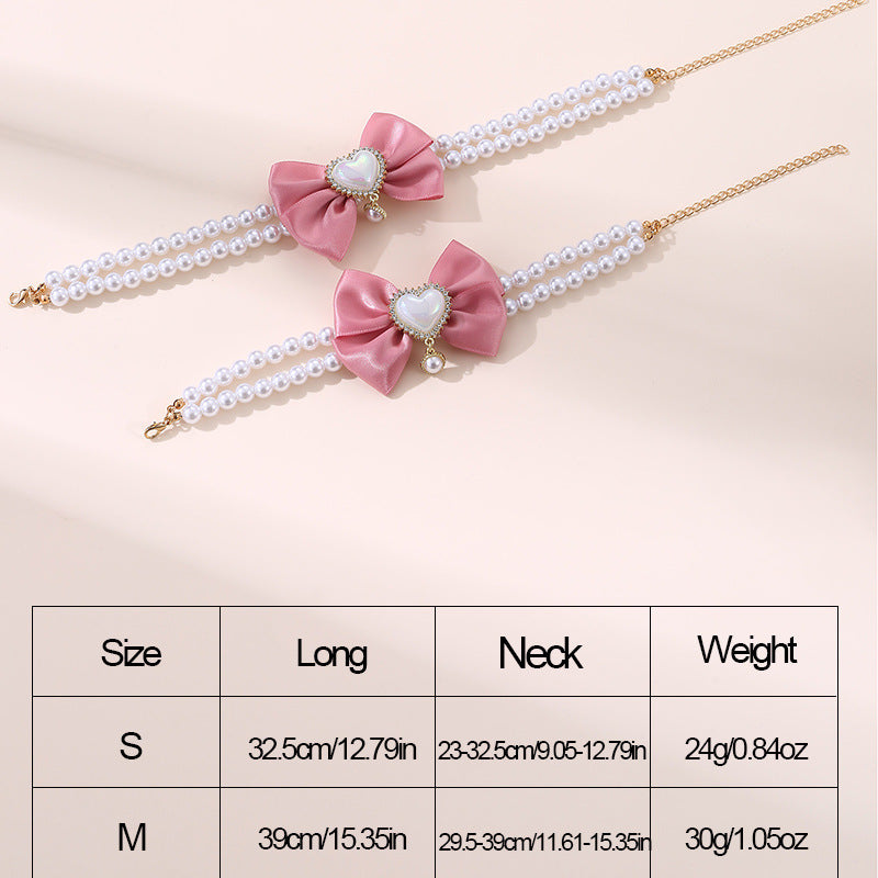 2 - PCS Cute Pet Pearl Necklace Collar with Pink Bow and Heart Charm - Size M