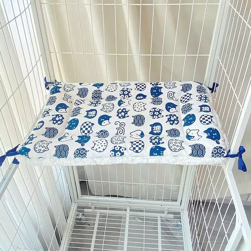 Tie-On Cat Cage Platform Pad - Blue cat pattern on white background (30x75cm)