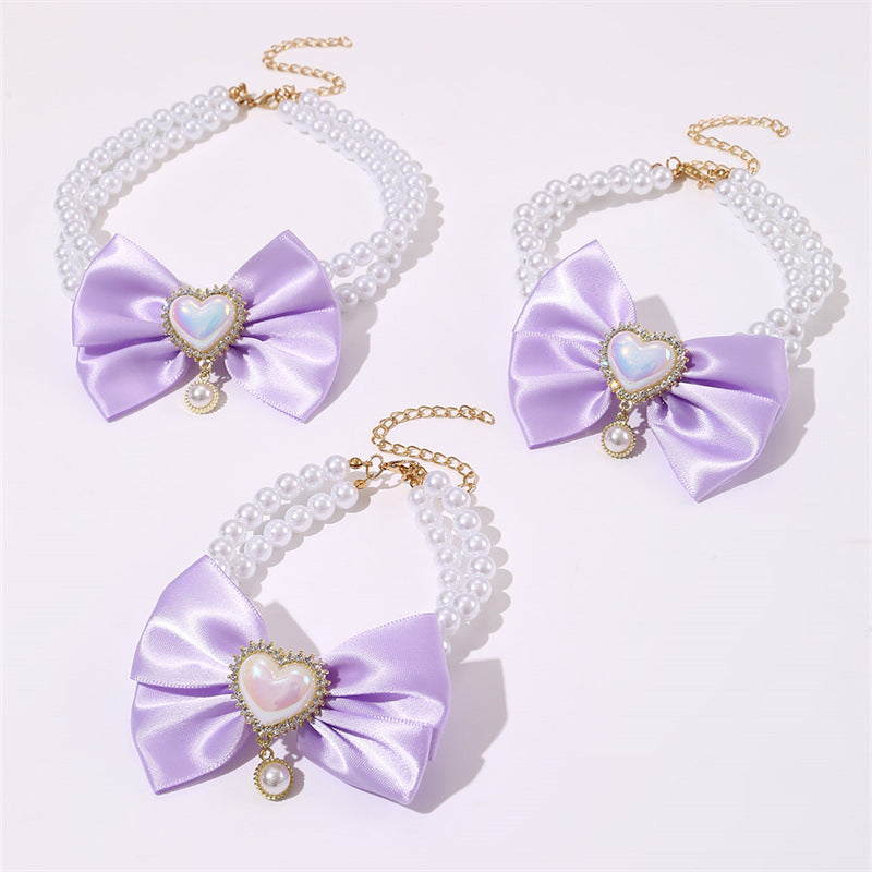 2 - PCS Cute Pet Pearl Necklace Collar with Purple Bow and Heart Charm - Size L