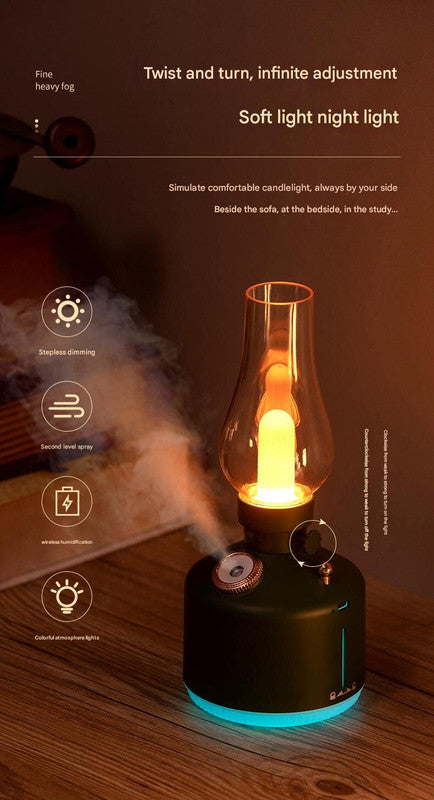 White Retro Kerosene Lamp Humidifier - Rechargeable Cool Mist Maker with Dimmable Light