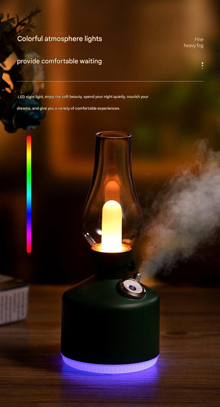 Black Retro Kerosene Lamp Humidifier - Rechargeable Cool Mist Maker with Dimmable Light