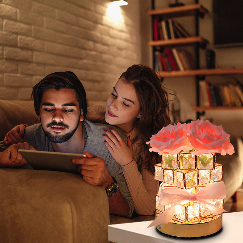 Pink Rose LED Crystal Flower Table Lamp - USB Rechargeable Touch Control Night Light