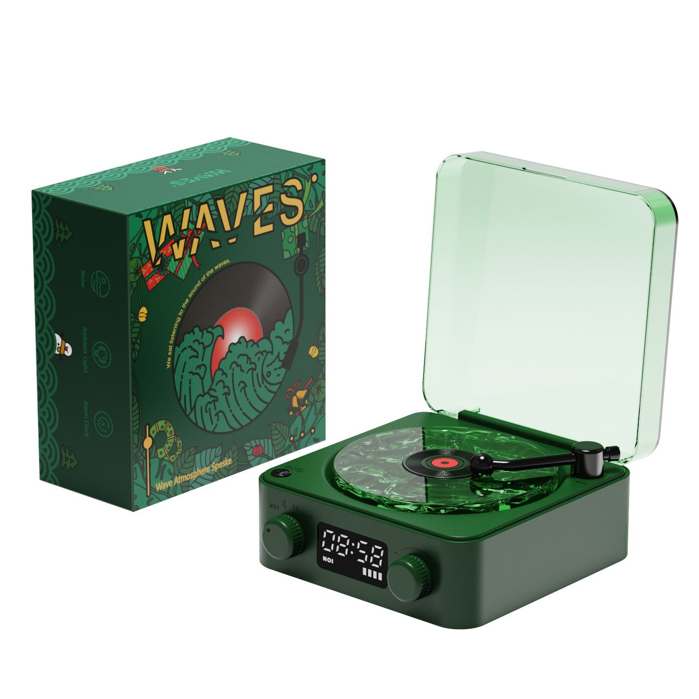 Christmas Green Waves Retro Bluetooth Speaker Clock with Ambient Light Projector