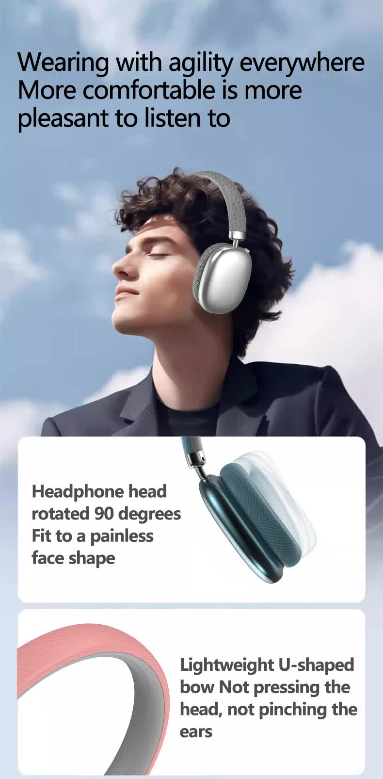 Black Comfortable Over-Ear Headphones - Hi-Fi Sound, Long Battery, Swivel Control