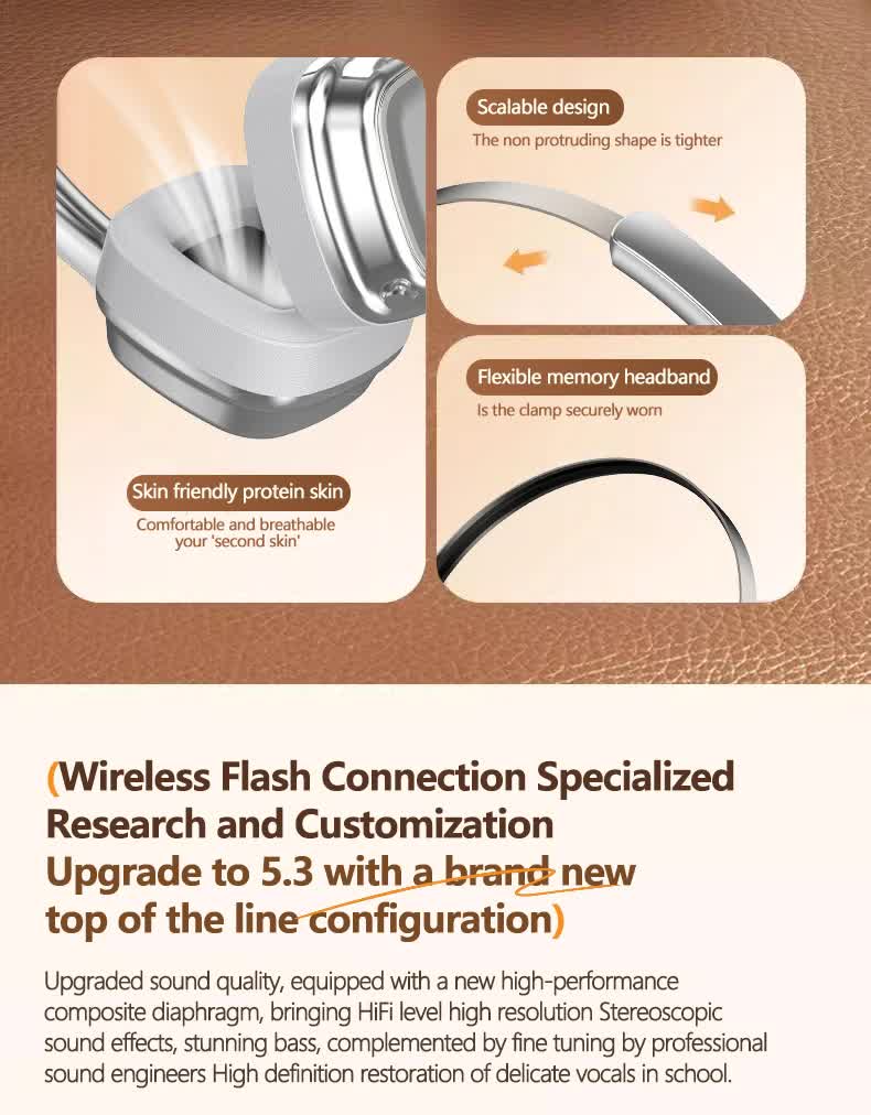 Silver And Brown Compact Retro Headphones - Wireless Bluetooth, Deep Bass, Immersive Sound