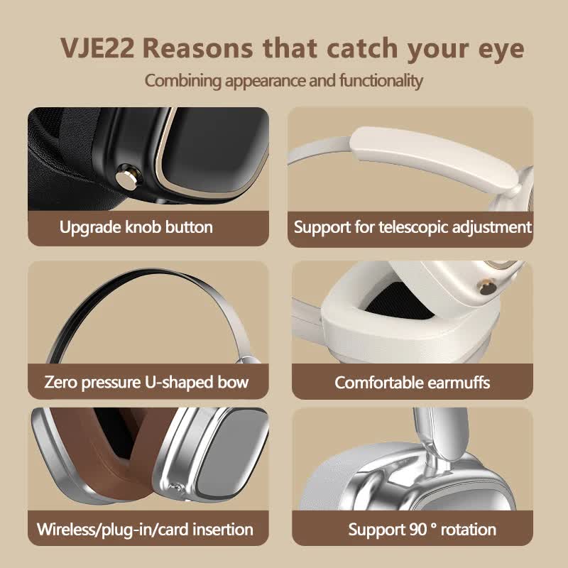 Silver And Brown Compact Retro Headphones - Wireless Bluetooth, Deep Bass, Immersive Sound