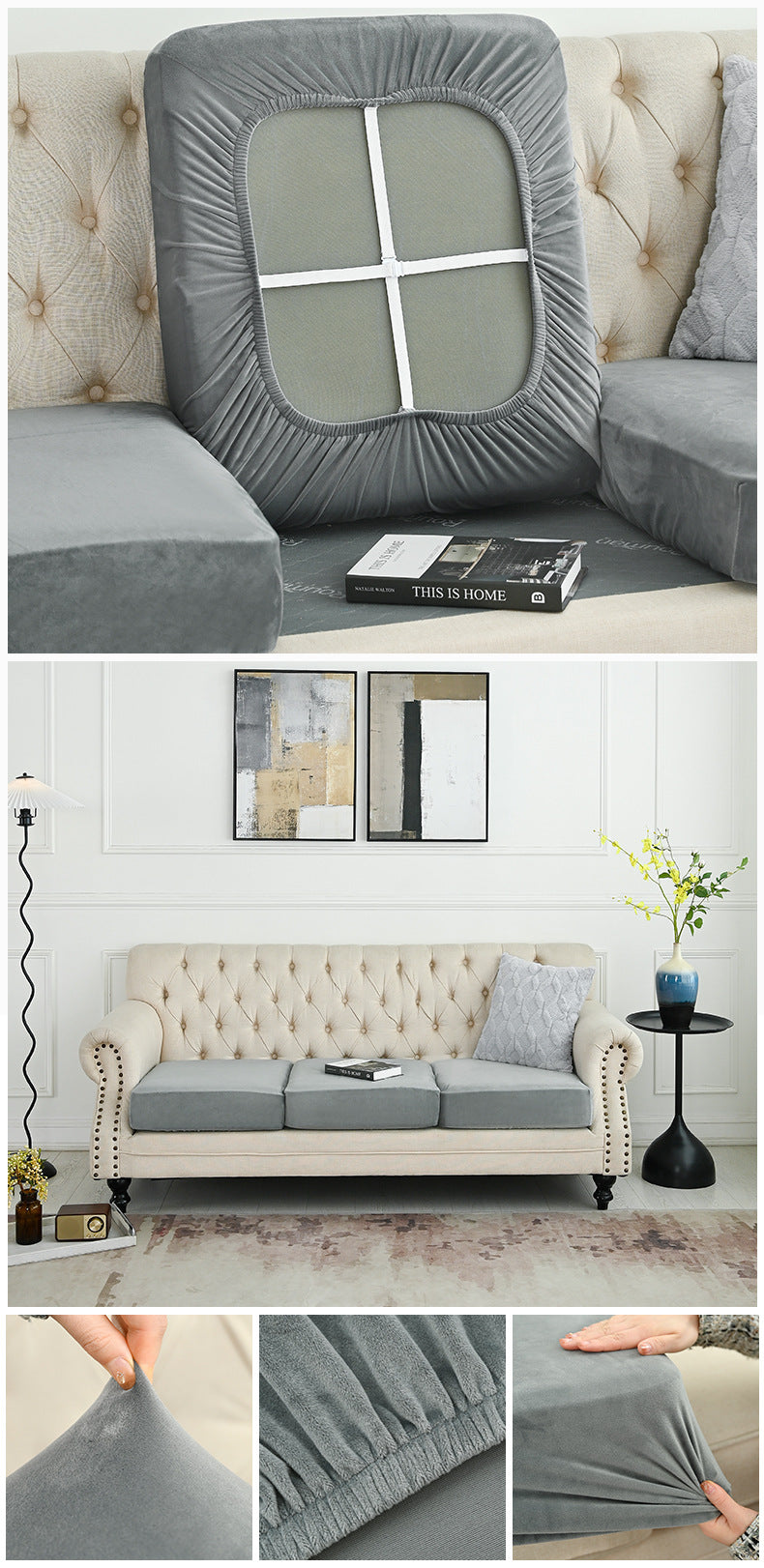 2 Pcs Grey Elegant Polyester Sofa Cover - Full Protection Against Cat Scratches &amp; Wear