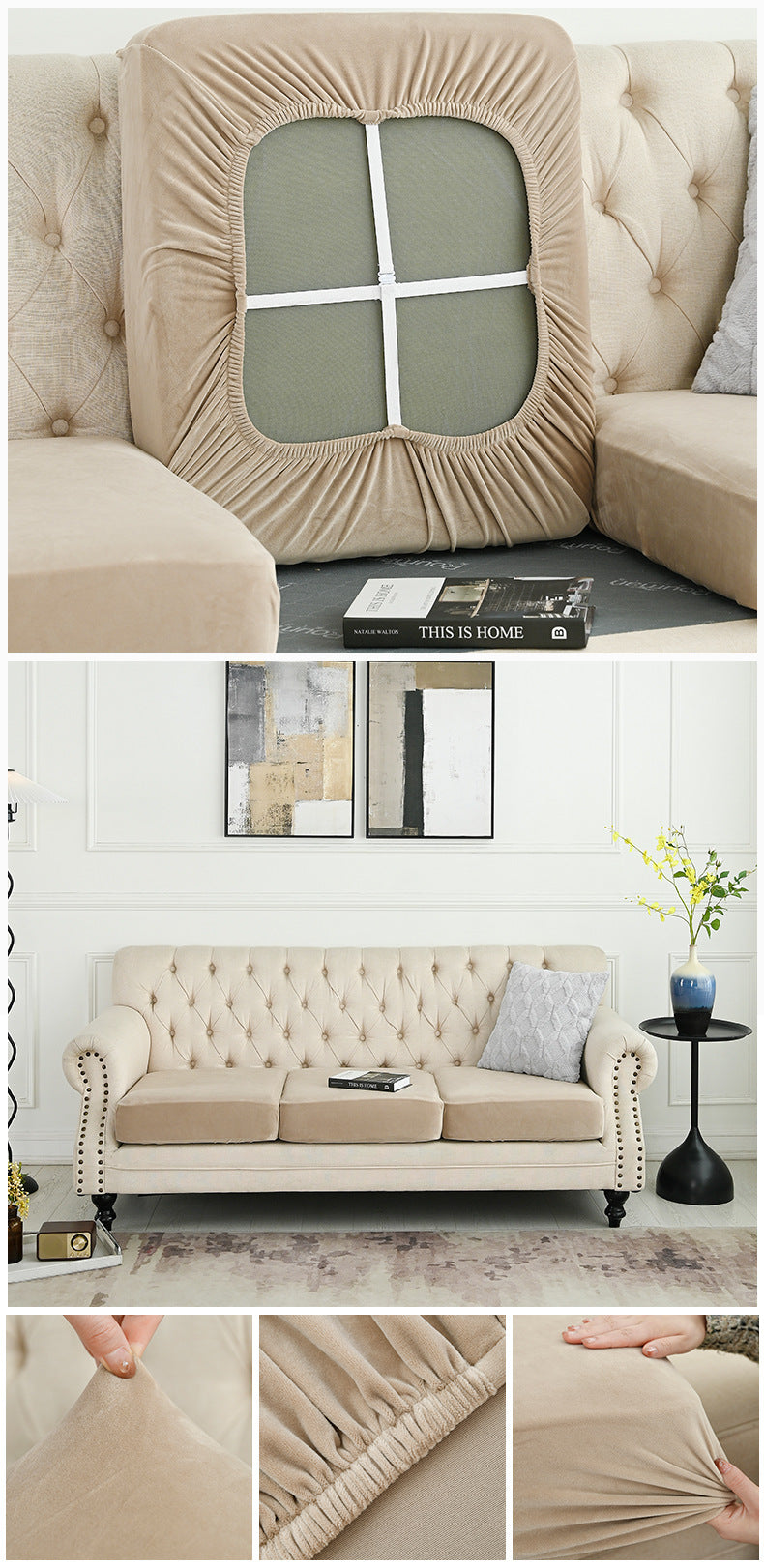 2 Pcs Khaki Elegant Polyester Sofa Cover - Full Protection Against Cat Scratches & Wear