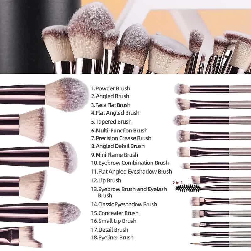 Pink 18-Piece Makeup Brush Set - Professional Synthetic Fiber Brushes with Wooden Handles for Flawless Beauty