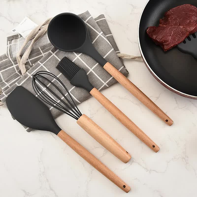 White And Brown 12-Piece Silicone Kitchen Utensil Set - Non-Stick Food-Grade Silicone Cooking Tools with Wooden Handles and Holder