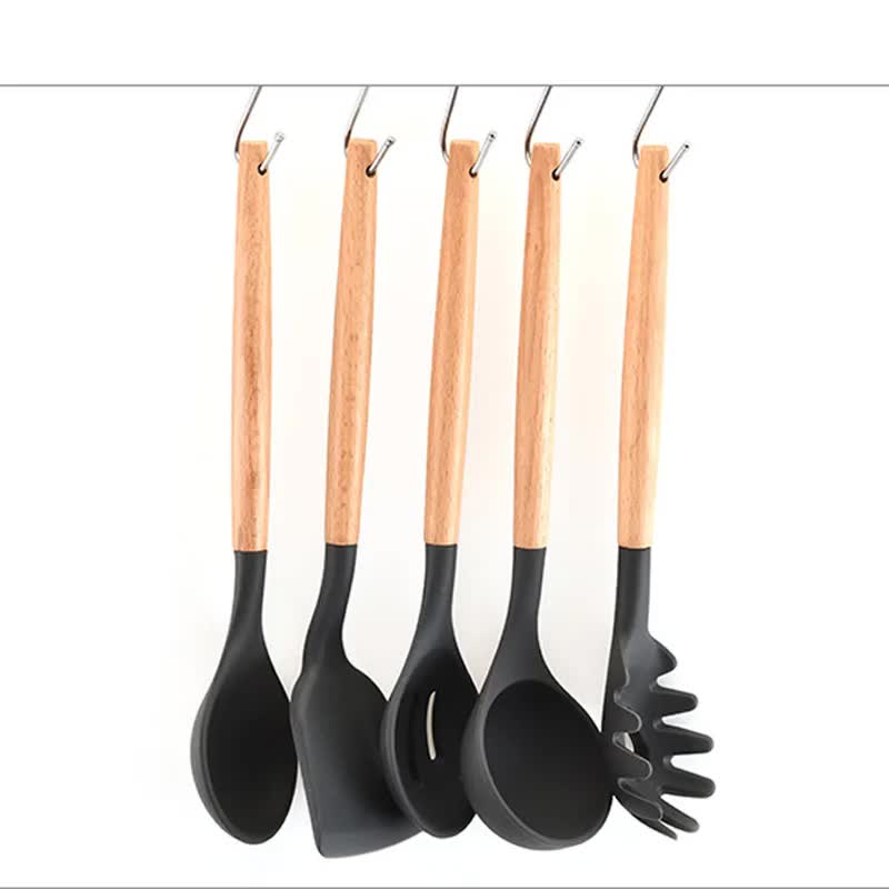 Light Green And Brown 12-Piece Silicone Kitchen Utensil Set - Non-Stick Food-Grade Silicone Cooking Tools with Wooden Handles and Holder