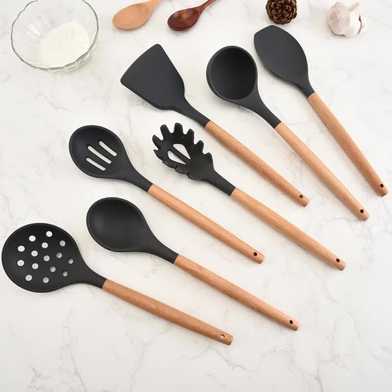 Pink And Brown 12-Piece Silicone Kitchen Utensil Set - Non-Stick Food-Grade Silicone Cooking Tools with Wooden Handles and Holder