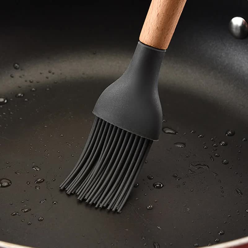 Khaki And Brown 12-Piece Silicone Kitchen Utensil Set - Non-Stick Food-Grade Silicone Cooking Tools with Wooden Handles and Holder