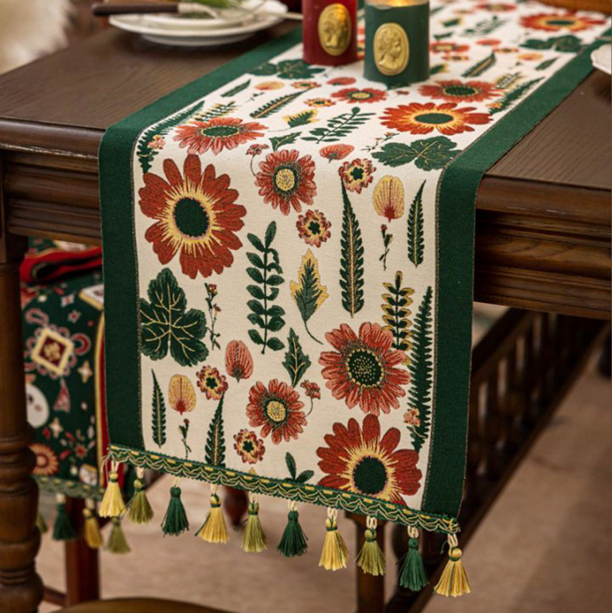 35x180cm Green Pastoral Table Runner - Spring Floral Oil Painting Style with Tassels