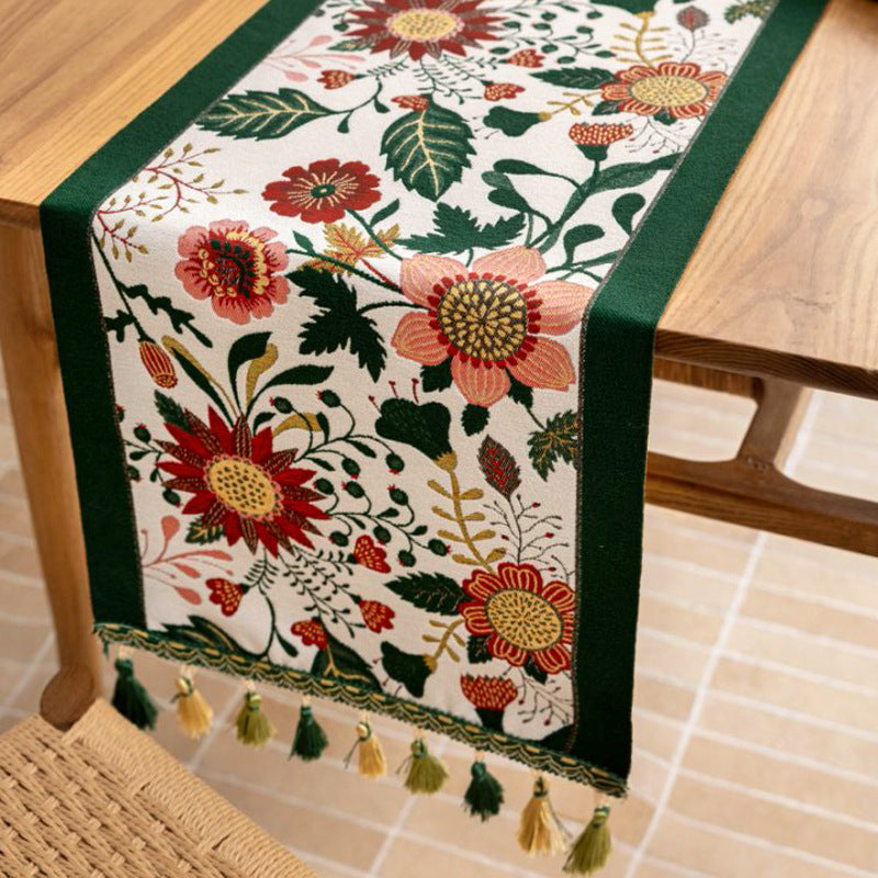 35x260cm Green Pastoral Table Runner - Spring Floral Oil Painting Style with Tassels
