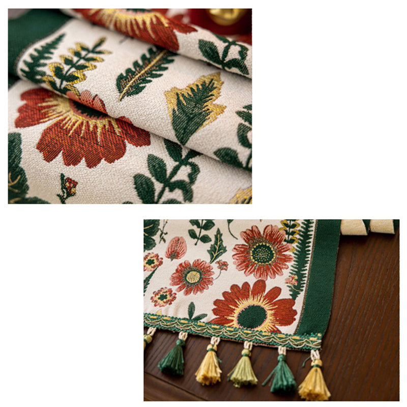 35x280cm Green Pastoral Table Runner - Spring Floral Oil Painting Style with Tassels