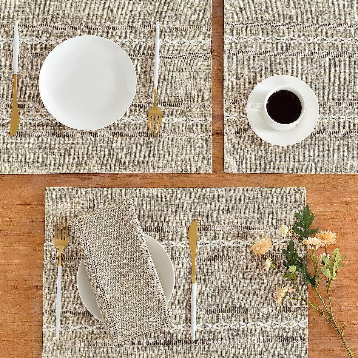 4 Pcs Beige Woven Placemats - Heat Resistant Kitchen Table Mats, Coffee Tea Cup Coasters, Linen Blend Dining Decor