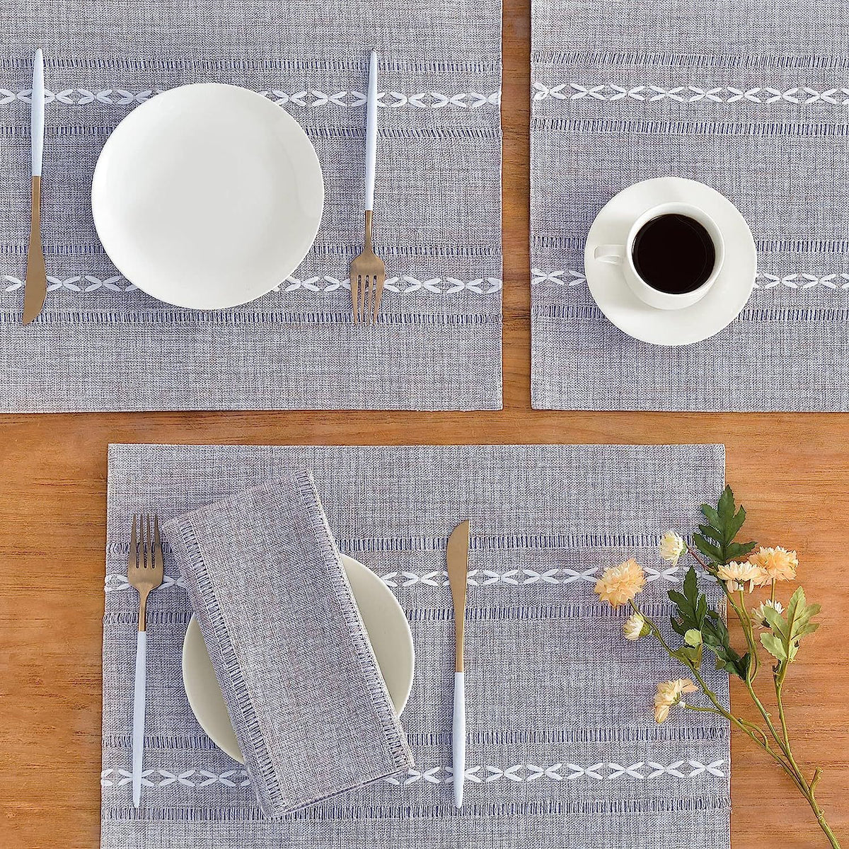 4 Pcs Blue Woven Placemats - Heat Resistant Kitchen Table Mats, Coffee Tea Cup Coasters, Linen Blend Dining Decor