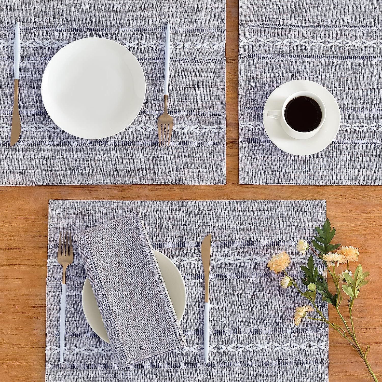 4 Pcs Blue Woven Placemats - Heat Resistant Kitchen Table Mats, Coffee Tea Cup Coasters, Linen Blend Dining Decor