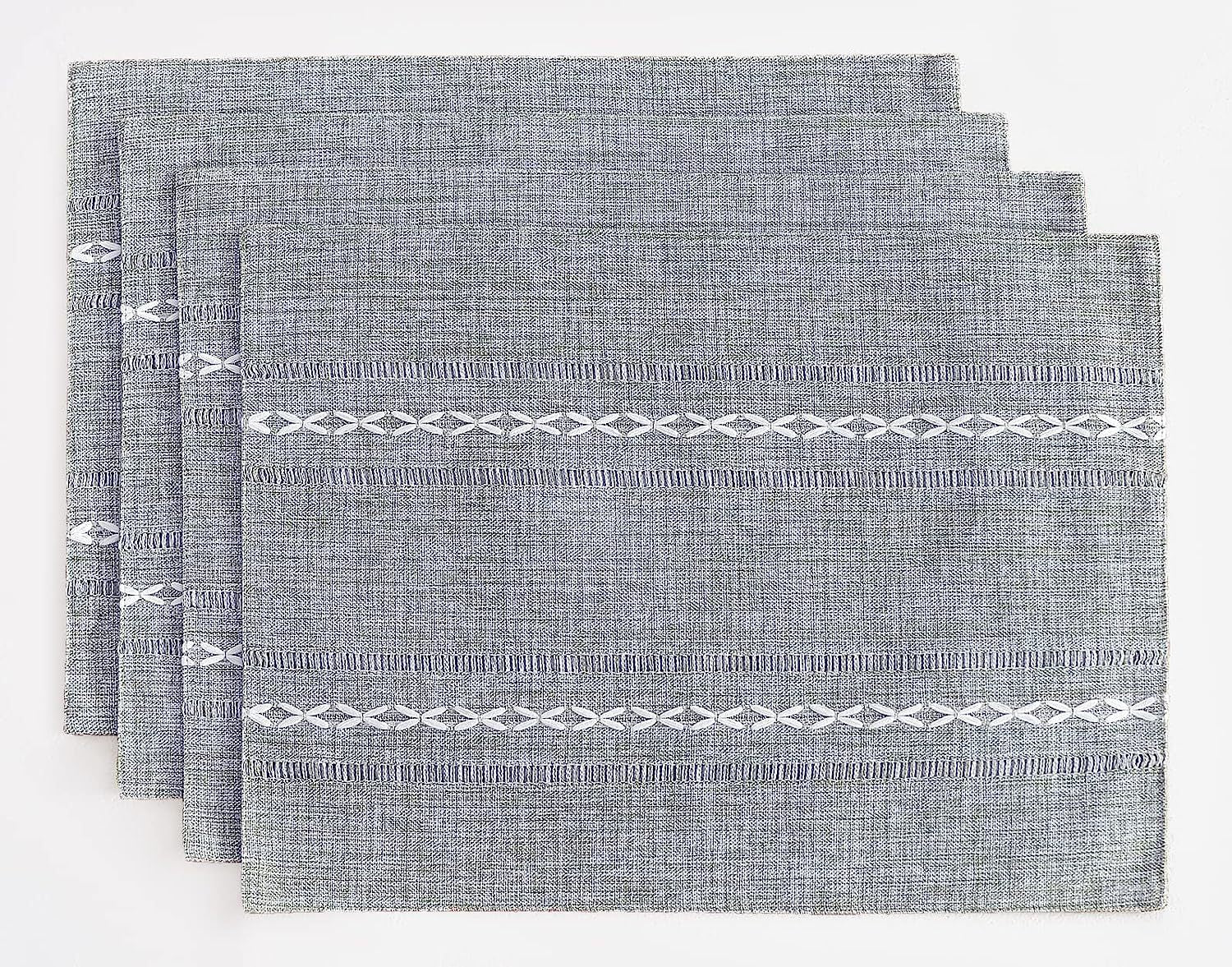 4 Pcs Blue Woven Placemats - Heat Resistant Kitchen Table Mats, Coffee Tea Cup Coasters, Linen Blend Dining Decor