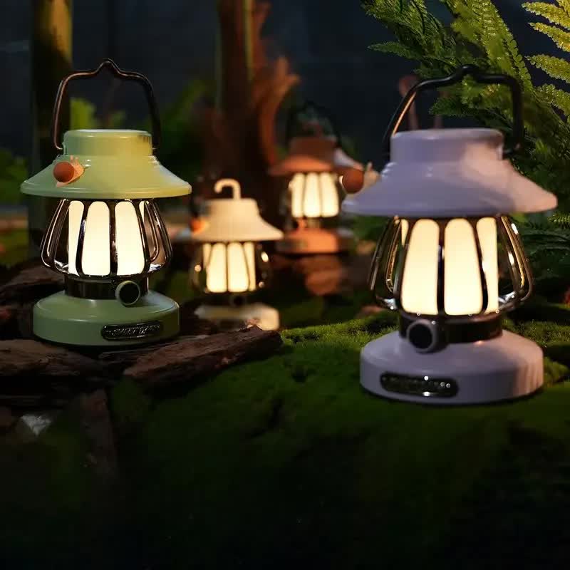 White Retro Snail Night Light - Portable Rechargeable Camping Lantern with Hook, 3-Color Dimming