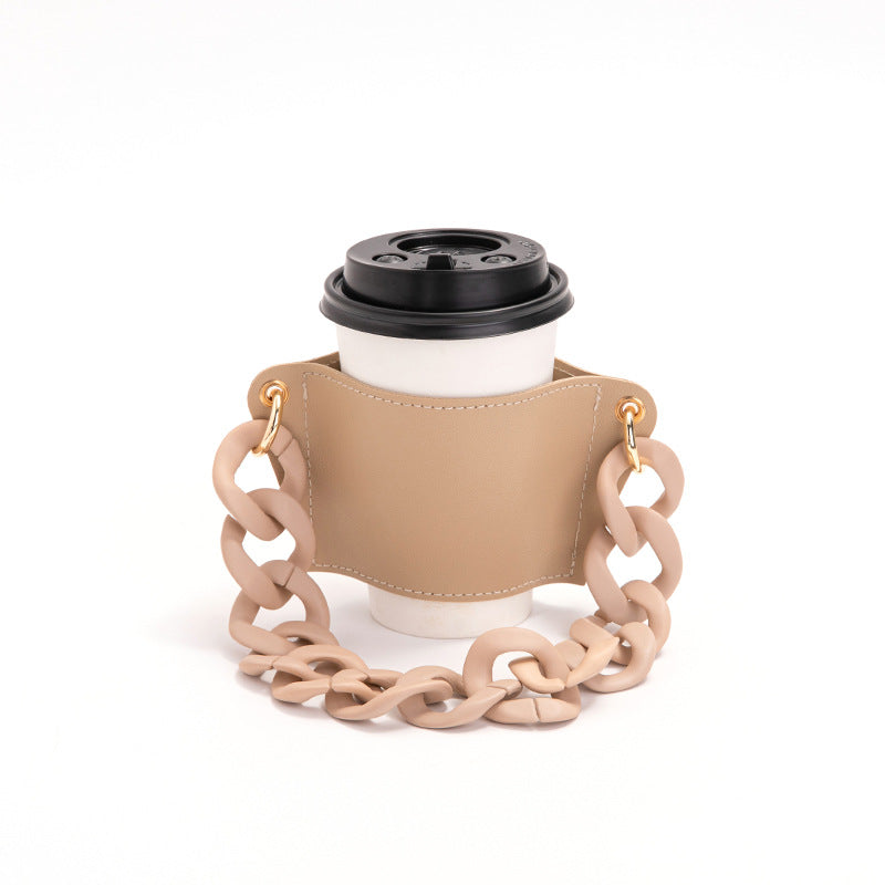 2 Pcs Khaki Detachable Chain Coffee Cup Sleeve - PU Leather Insulated Cup Holder with Handle, 16cm Top, 70g(Cup not included, only cup sleeve and chain)