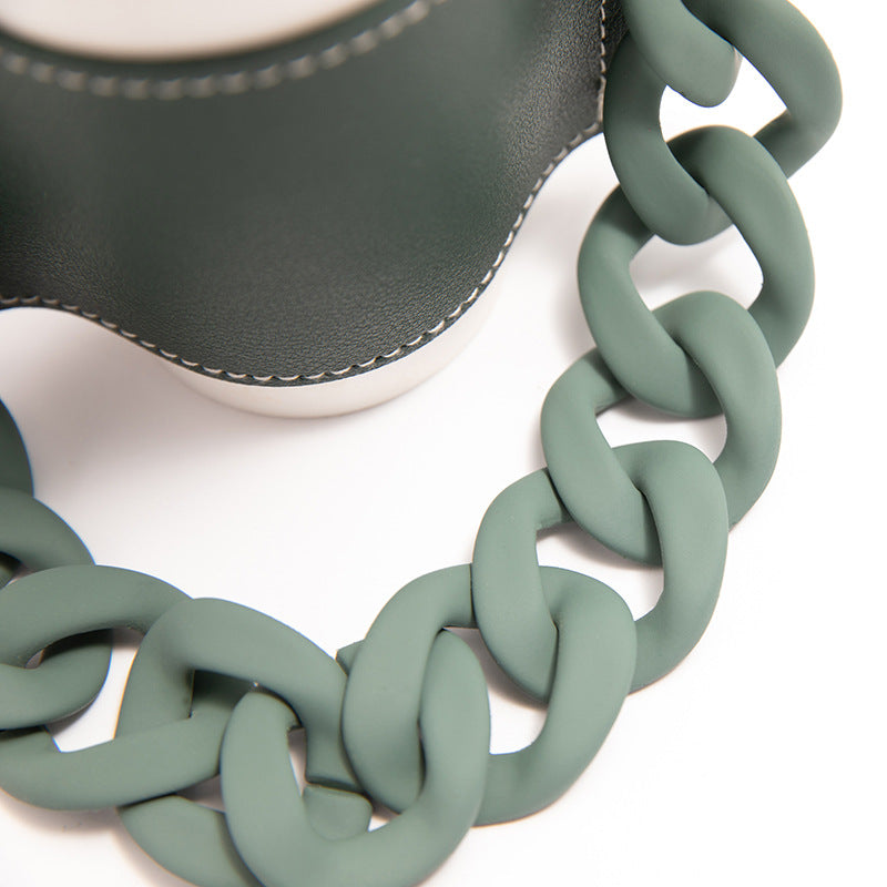 2 Pcs Khaki Detachable Chain Coffee Cup Sleeve - PU Leather Insulated Cup Holder with Handle, 16cm Top, 70g(Cup not included, only cup sleeve and chain)