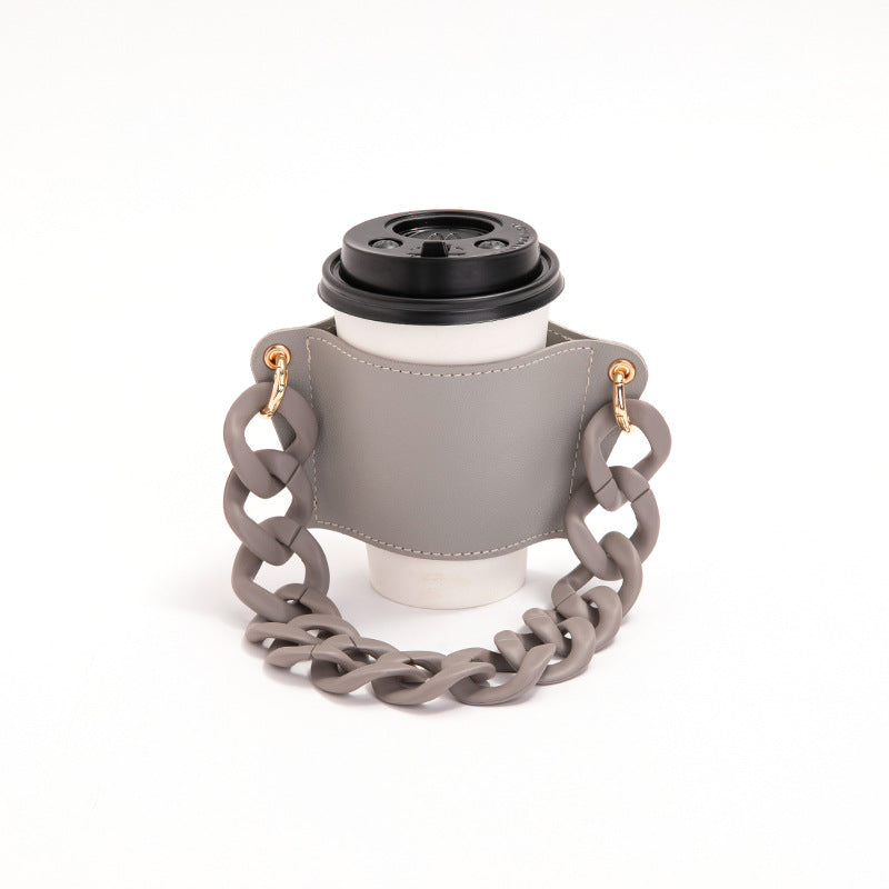 2 Pcs Grey Detachable Chain Coffee Cup Sleeve - PU Leather Insulated Cup Holder with Handle, 16cm Top, 70g(Cup not included, only cup sleeve and chain)