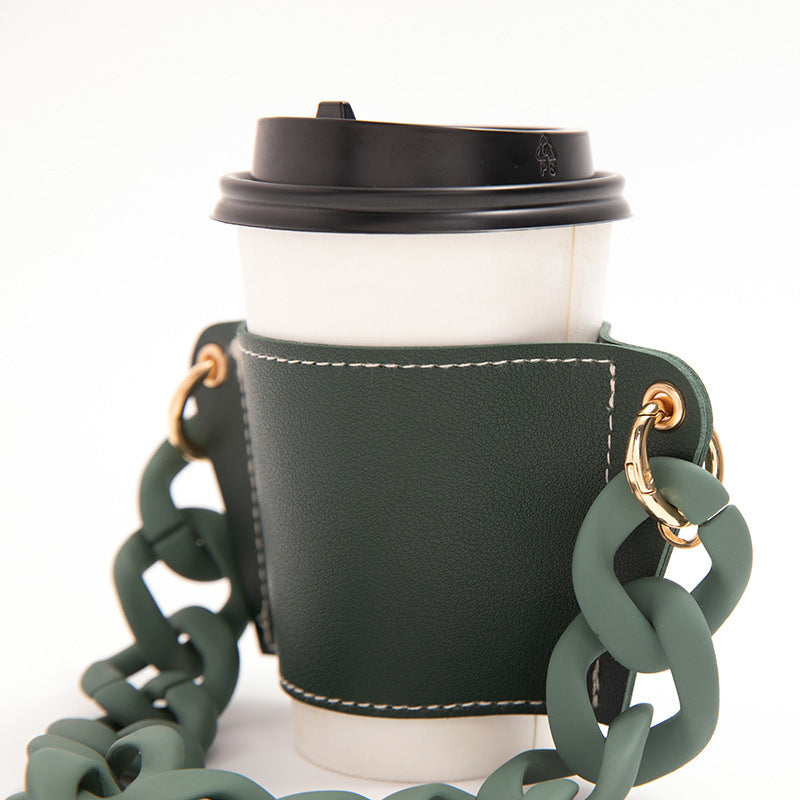 2 Pcs Grey Detachable Chain Coffee Cup Sleeve - PU Leather Insulated Cup Holder with Handle, 16cm Top, 70g(Cup not included, only cup sleeve and chain)