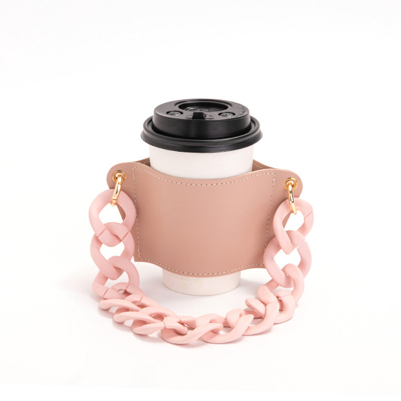 2 Pcs Pink Detachable Chain Coffee Cup Sleeve - PU Leather Insulated Cup Holder with Handle, 16cm Top, 70g(Cup not included, only cup sleeve and chain)