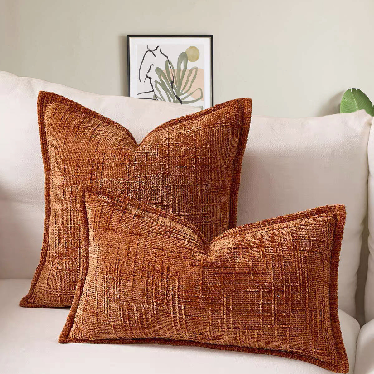 Brick Red Chenille Crosshatch Textured Pillow Covers Set of 2 - Modern Minimalist Sofa Bed Cushion Covers 45x45cm &amp; 30x50cm(without pillow core)