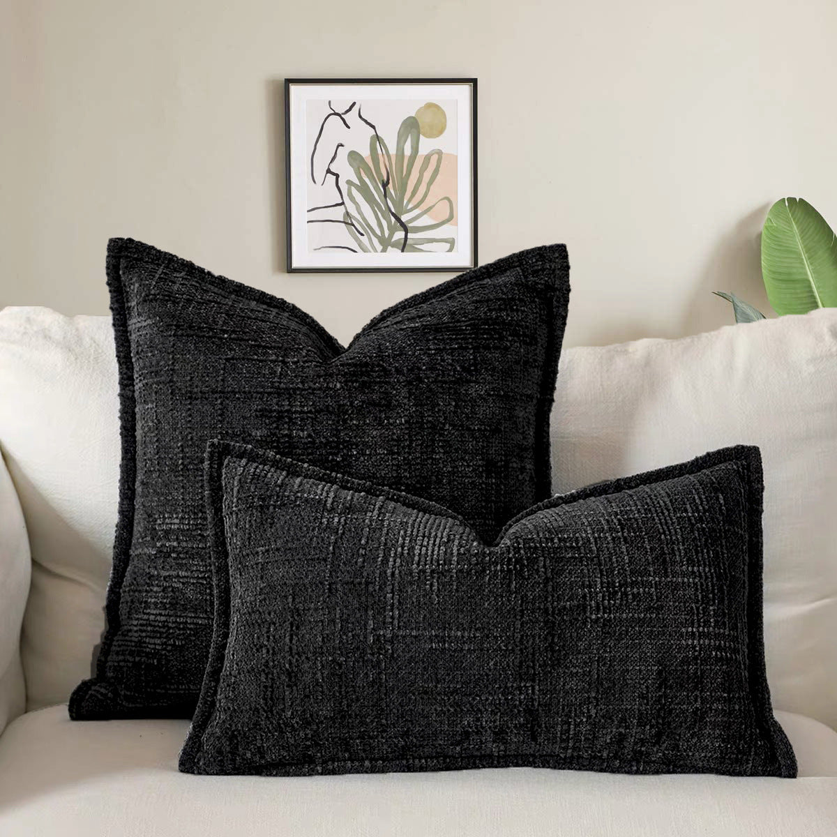 Black Chenille Crosshatch Textured Pillow Covers Set of 2 - Modern Minimalist Sofa Bed Cushion Covers 45x45cm &amp; 30x50cm(without pillow core)