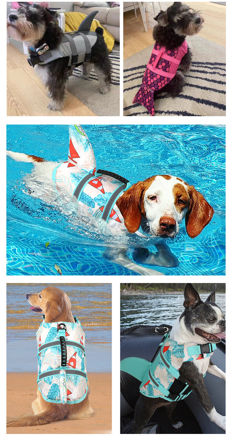 Size XL Beige And Blue Sailboat Pattern Pet Life Jacket for Dogs - Summer Swimming Safety Vest with Shark Fin for Small to Large Breeds