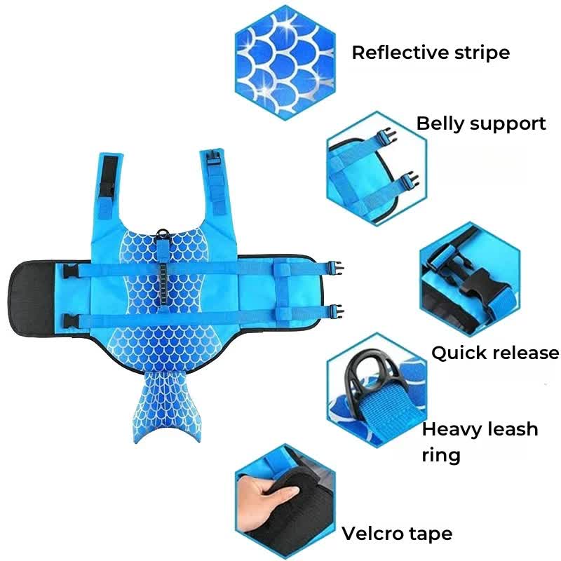 Size M Blue Scales Pattern Pet Life Jacket for Dogs - Summer Swimming Safety Vest with Shark Fin for Small to Large Breeds