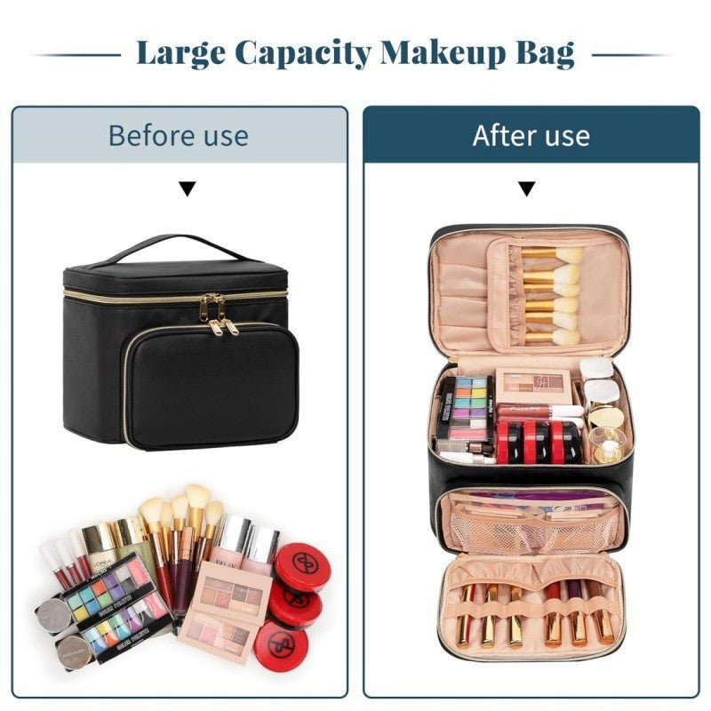 Pink Portable Travel Makeup Bag with Brush Compartment - Stylish PU Leather Cosmetic Organizer for Skincare and Toiletry Storage