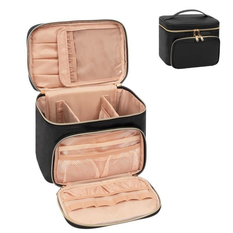 Pink Portable Travel Makeup Bag with Brush Compartment - Stylish PU Leather Cosmetic Organizer for Skincare and Toiletry Storage
