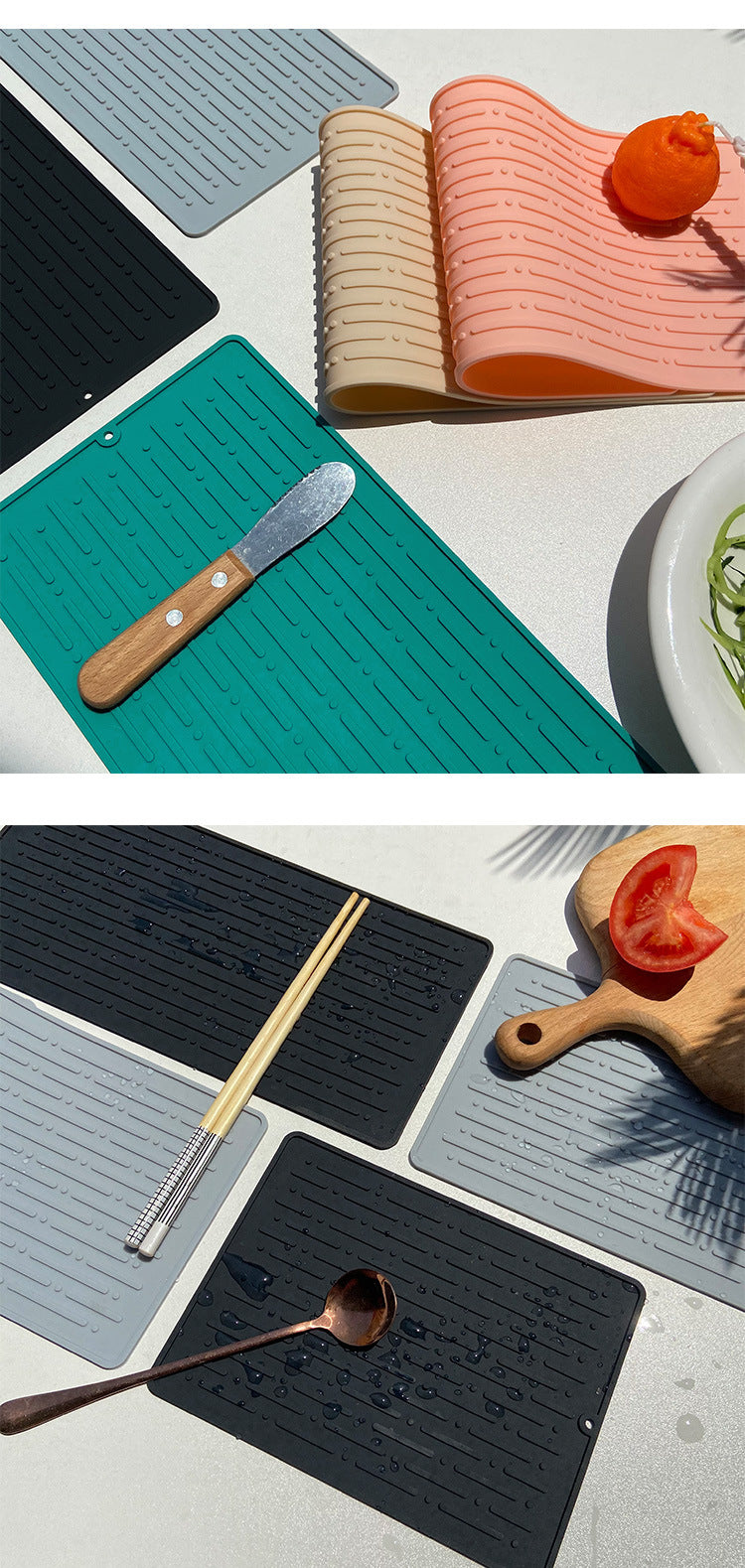 30*14.5CM Black Silicone Draining Mat 4-Pack - Heat-Resistant Non-Slip Kitchen and Bathroom Pad for Cups and Utensils