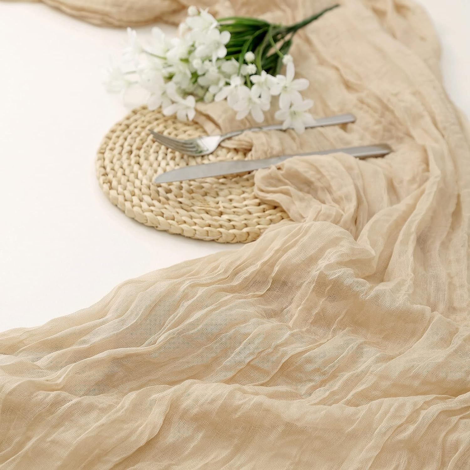 Beige Bohemian Gauze Table Runner 2-Pack - Polyester Fabric for Party and Birthday Table Decor