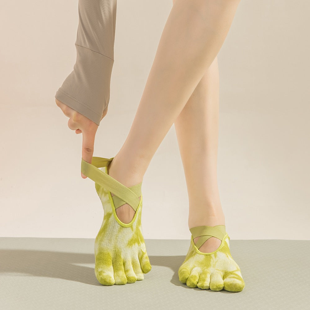 2 Pairs Blue Tie-Dye Non-Slip Yoga Socks for Women - Five-Toe Cotton Blend Socks for Pilates and Indoor Sports