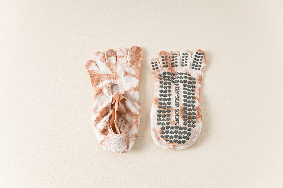 2 Pairs Pink Tie-Dye Non-Slip Yoga Socks for Women - Five-Toe Cotton Blend Socks for Pilates and Indoor Sports