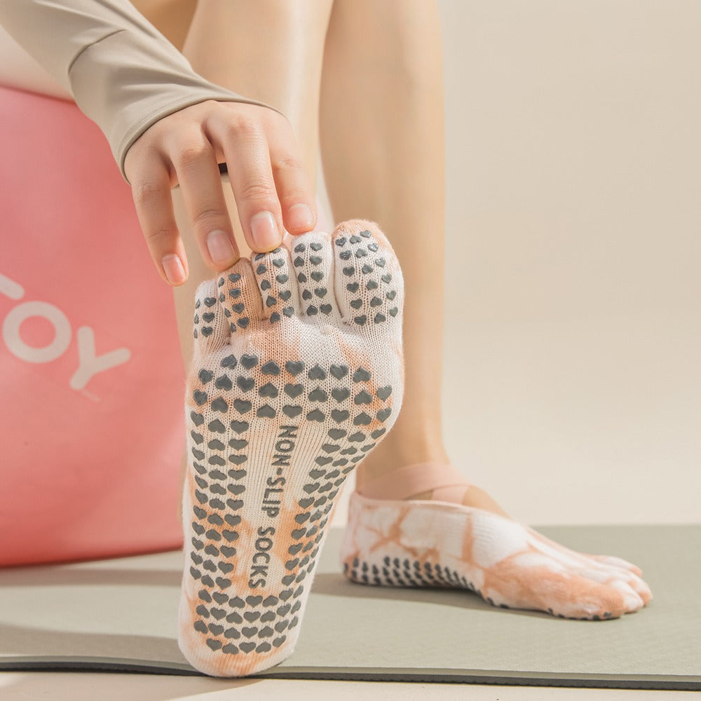 2 Pairs Grey Tie-Dye Non-Slip Yoga Socks for Women - Five-Toe Cotton Blend Socks for Pilates and Indoor Sports
