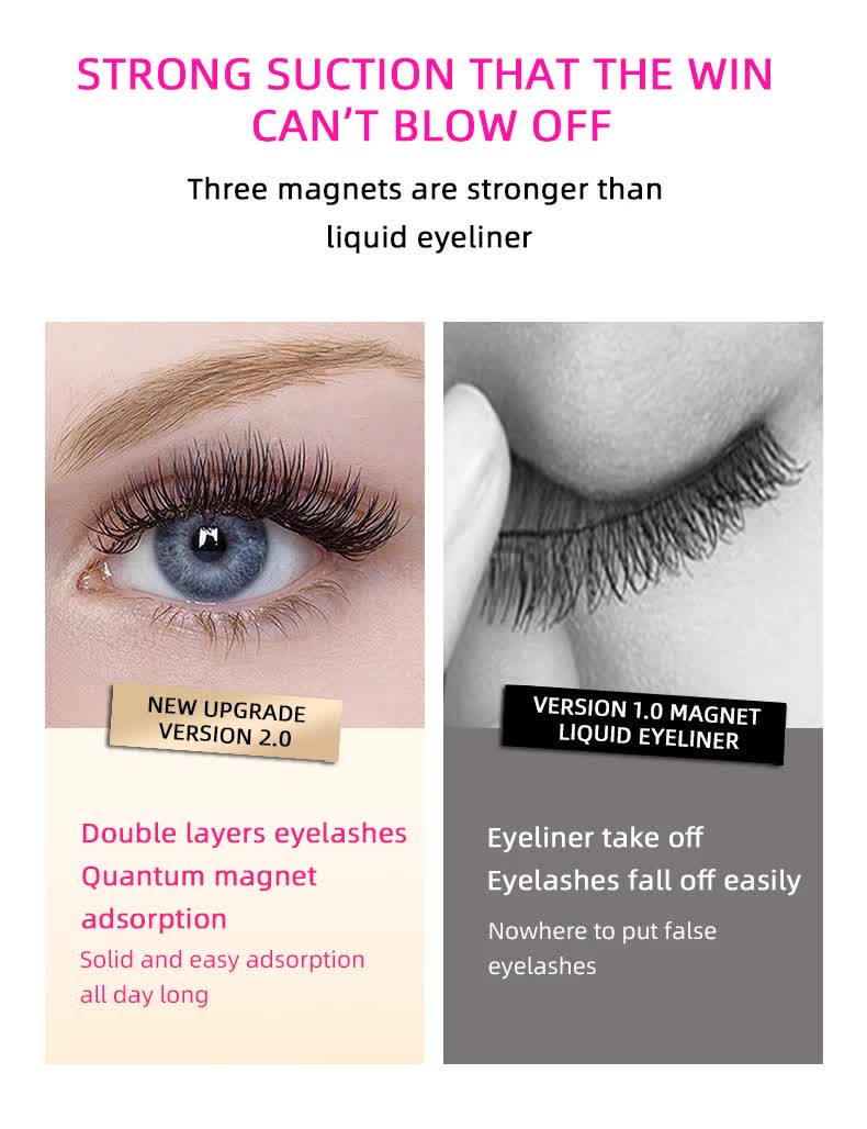 Style 1 Black Magnetic False Eyelashes Kit - 3 Pairs with Applicator Clip and Mirror Case