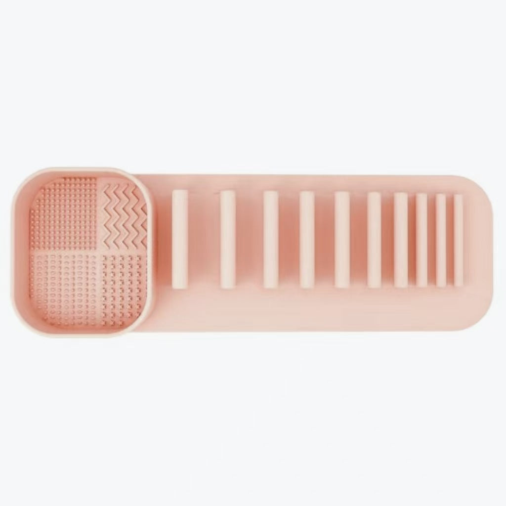 3 Pcs Khaki Silicone Makeup Brush Organizer and Cleaning Rack - Wall-Mounted Holder with Brush Cleaning Texture