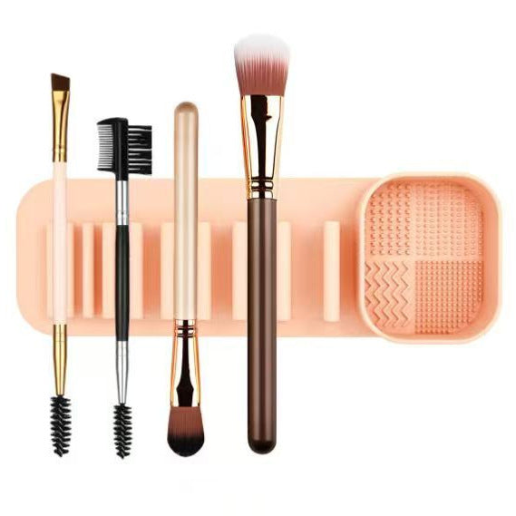 3 Pcs Khaki Silicone Makeup Brush Organizer and Cleaning Rack - Wall-Mounted Holder with Brush Cleaning Texture