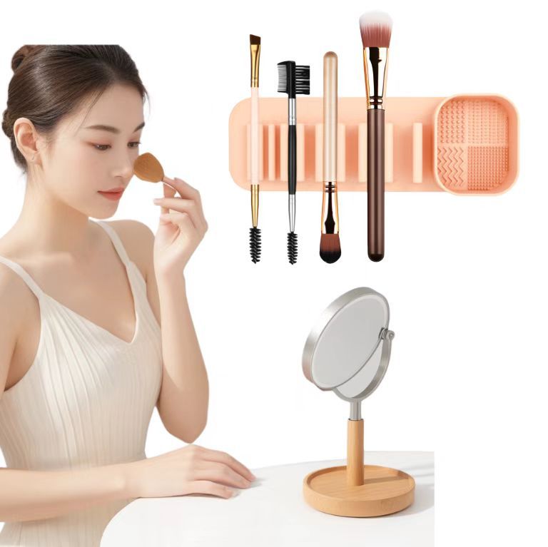 3 Pcs Pink Silicone Makeup Brush Organizer and Cleaning Rack - Wall-Mounted Holder with Brush Cleaning Texture